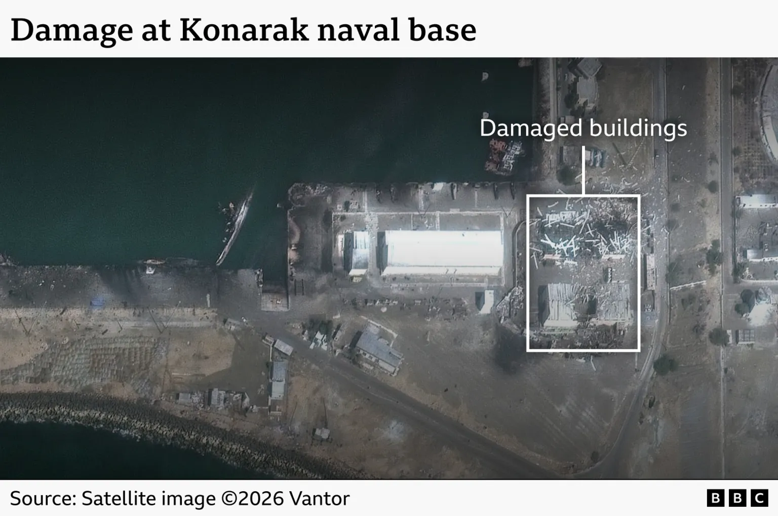 An image highlighting damaged buildings at Konarak Naval base. 