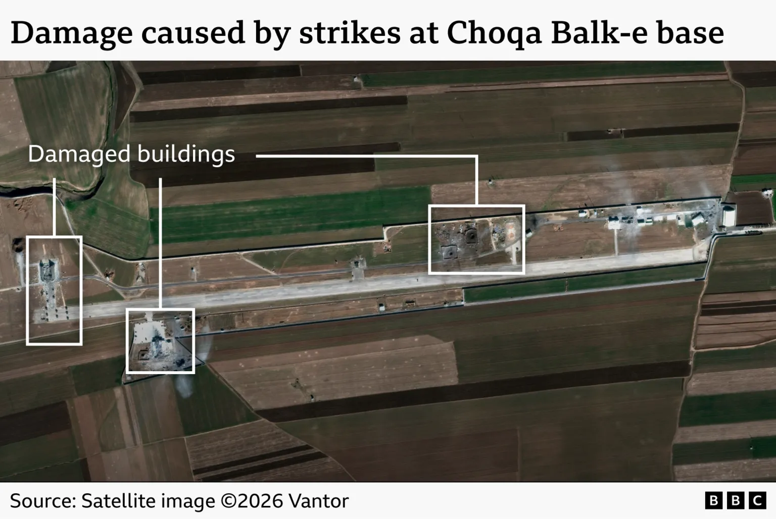An image showing damaged buildings at Choqa Balk-e base. Three such buildings are highlighted. 