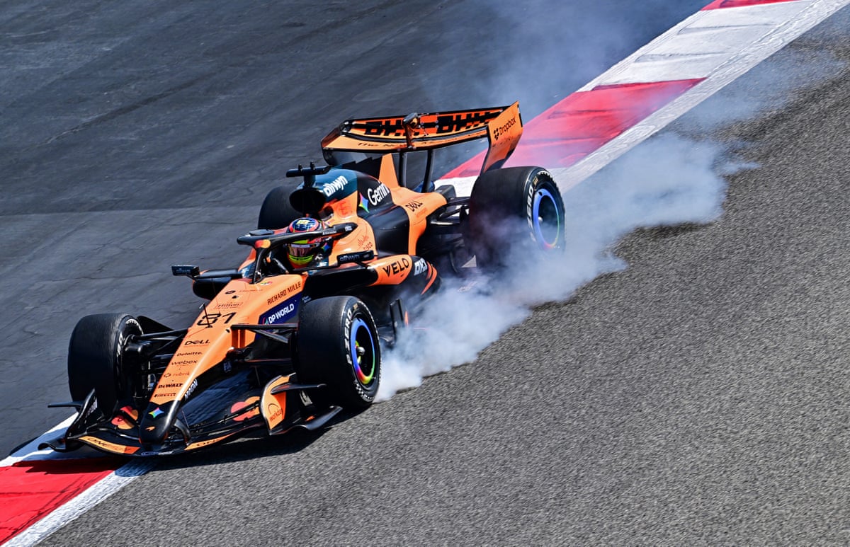 Oscar Piastri burns some rubber during testing in Bahrain