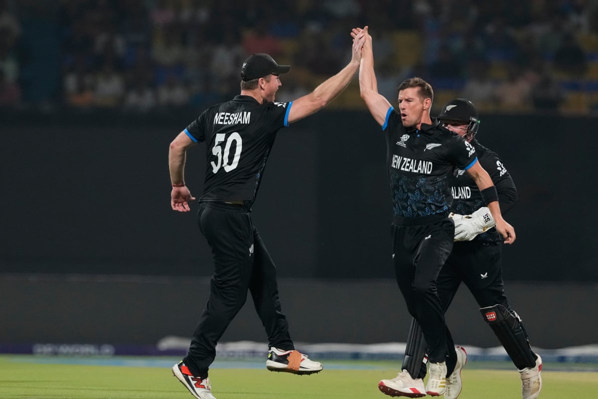 New Zealand’s Cole McConchie celebrates taking the wicket of Ryan Rickelton.