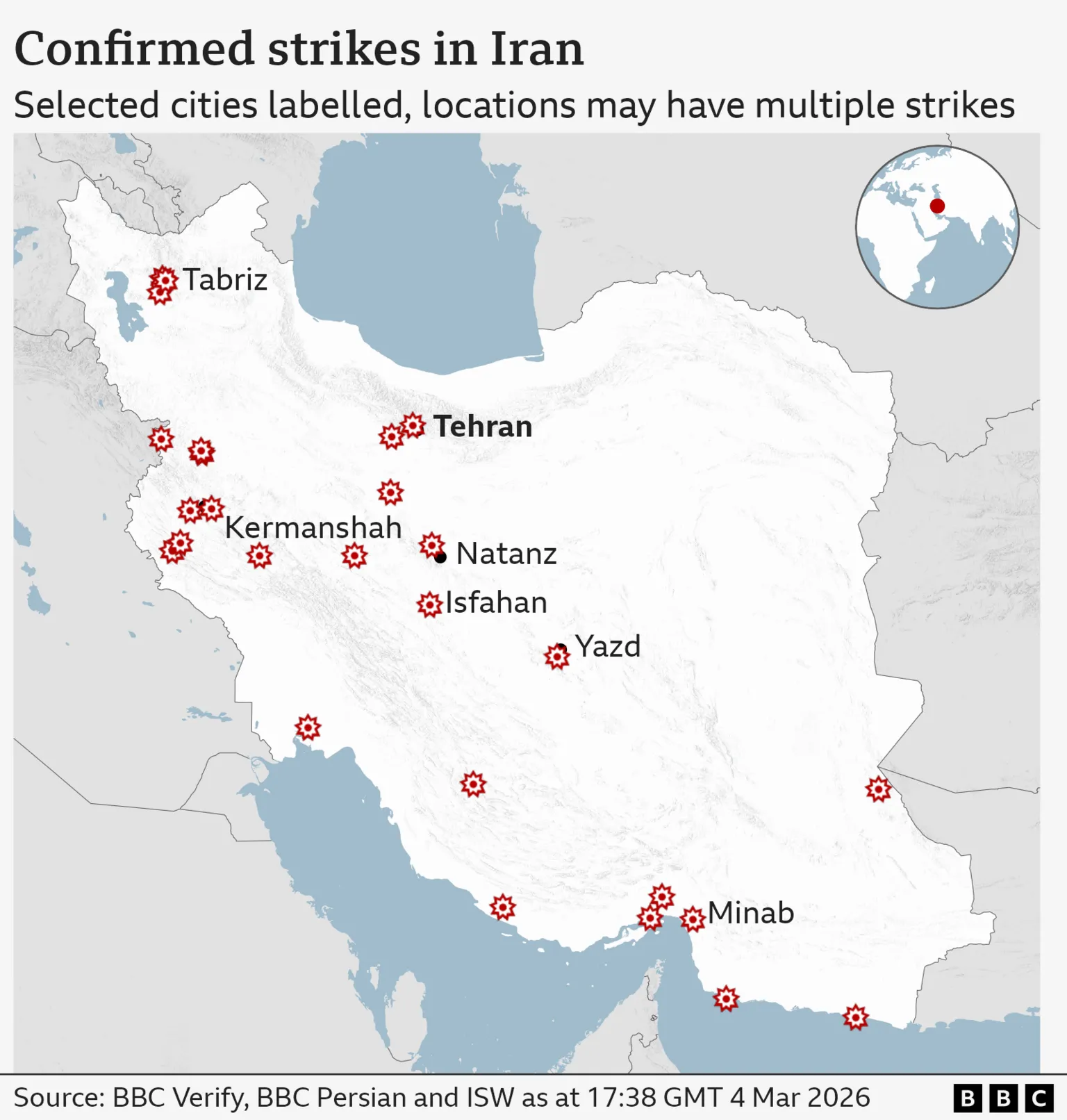 The image is a map of Iran with red star symbols indicating locations which have had one or more US and Israeli strikes. In addition some key cities are labelled, these include: - Tabriz (north west Iran) - Tehran (north central Iran, the capital) - Isfahan (central Iran) - Yazd (central Iran) - Kermanshah (west Iran) - Minab (south Iran) The map includes a small inset globe in the top-right corner highlighting Iran’s location in the Middle East. A BBC logo appears in the bottom-right corner. The borders of surrounding countries and coastlines are faintly outlined, but the focus is on the distribution of strike locations across Iran.