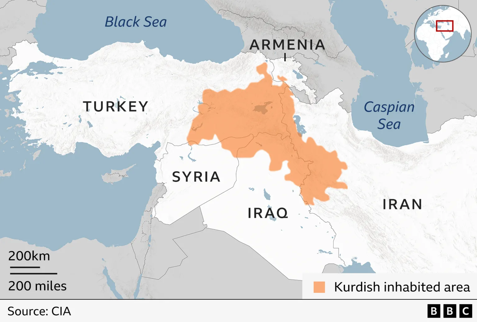 A map showing Kurdish inhabited areas in Armenia, Iran, Iraq, Syria and Turkey