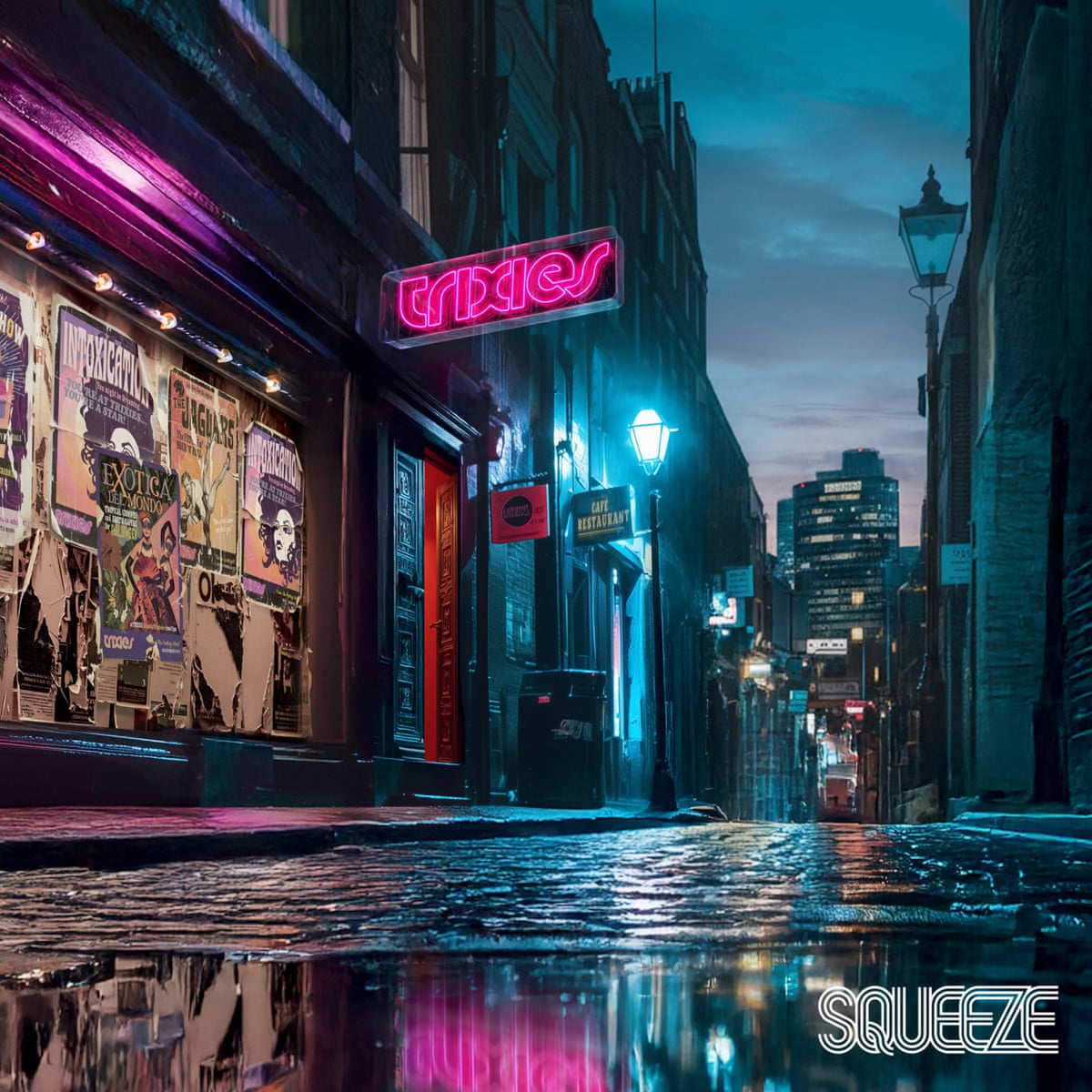 Album artwork showing picture of nightclub exterior with neon light saying Trixies
