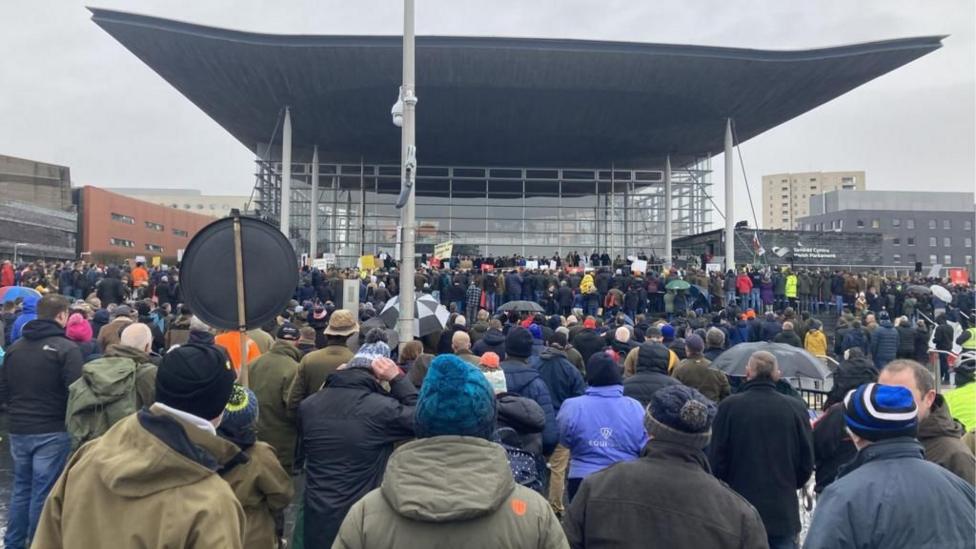 Protest ffermwyr yn cyrraedd y Senedd yn 2024