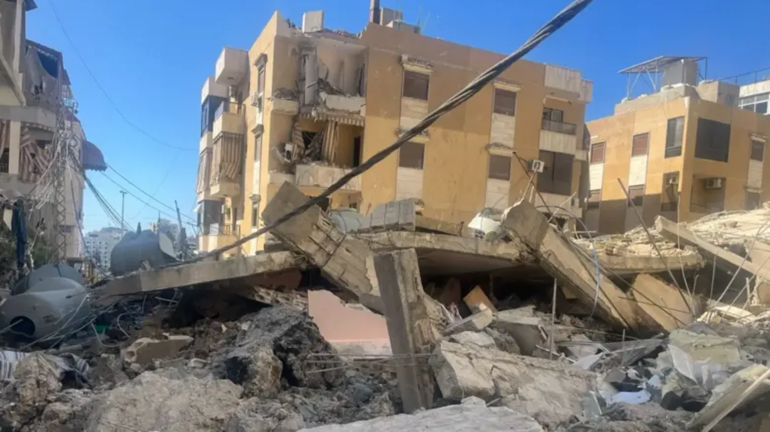 Apartment building destroyed by a recent Israeli air strike in Sidon, southern Lebanon (5 March 2026)