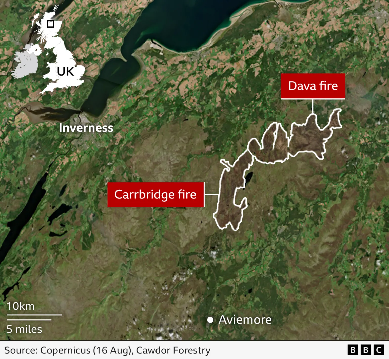 An aerial map showing the area of land that the fires at Carrbridge and Dava covered. Inverness is marked in the north, and Aviemore in the south