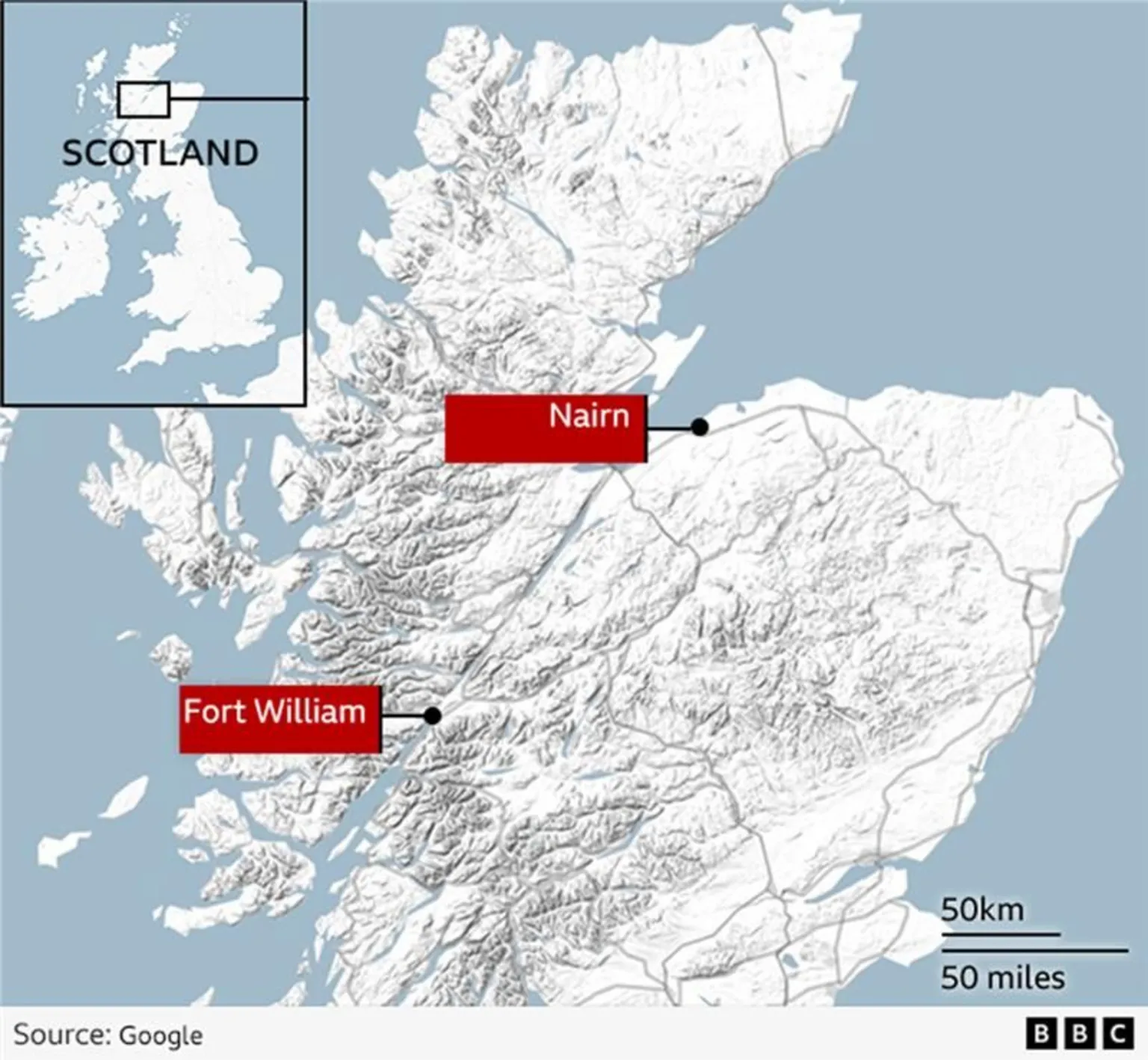 A map of Scotland showing the locations of Nairn and Fort William.
