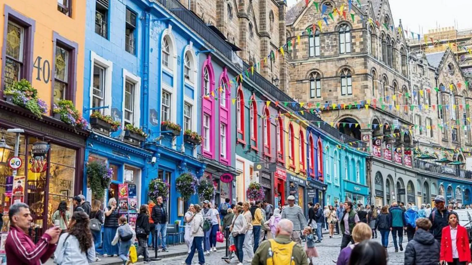  A busy street scene in central Edinburgh, with a large number of people milling around in front of colourful houses and bunting