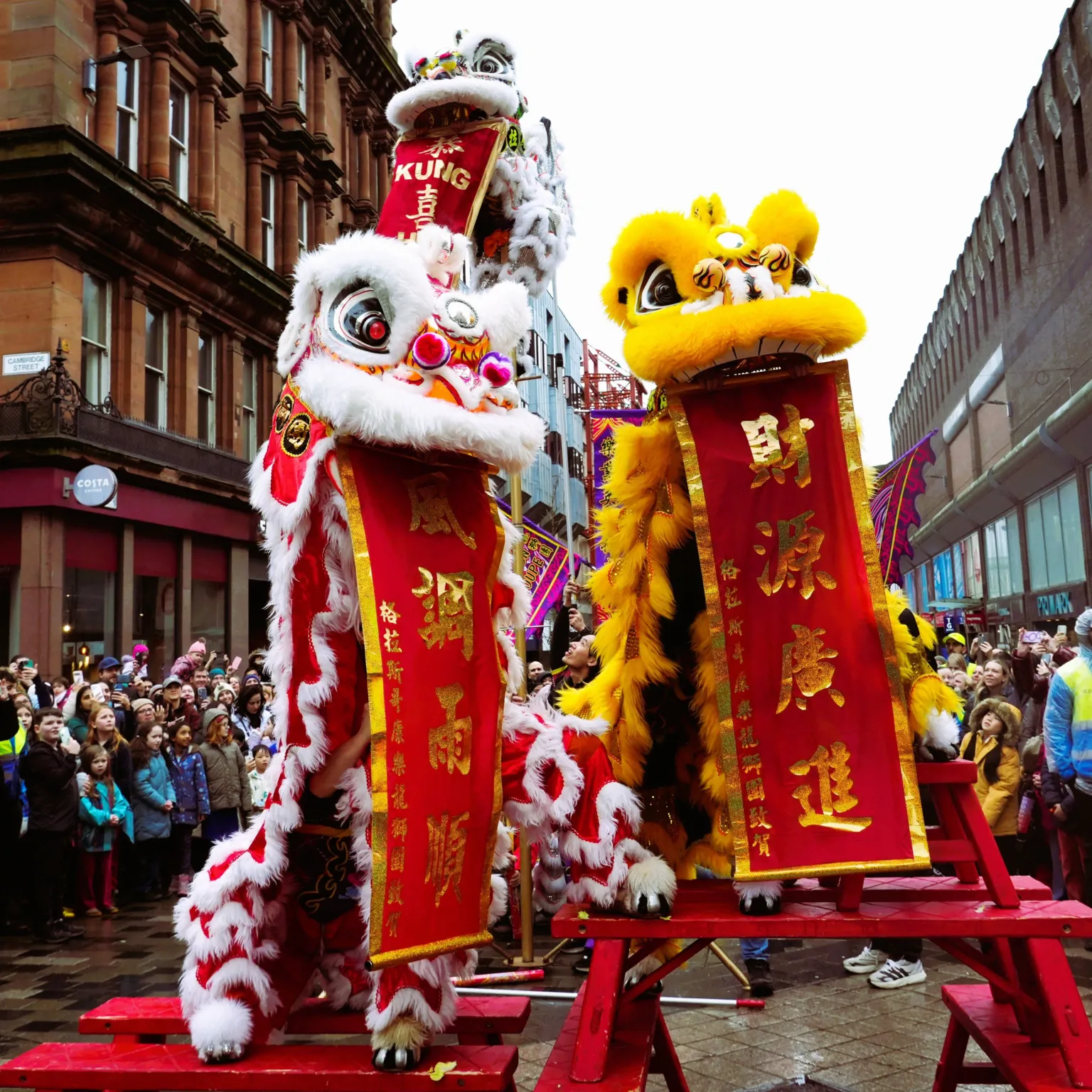 Rosie McGeachan Two brightly coloured lion dance costumes—one white with red accents and one yellow—are raised on platforms during a street performance, with long red banners hanging from each. A crowd lines the street watching the display.