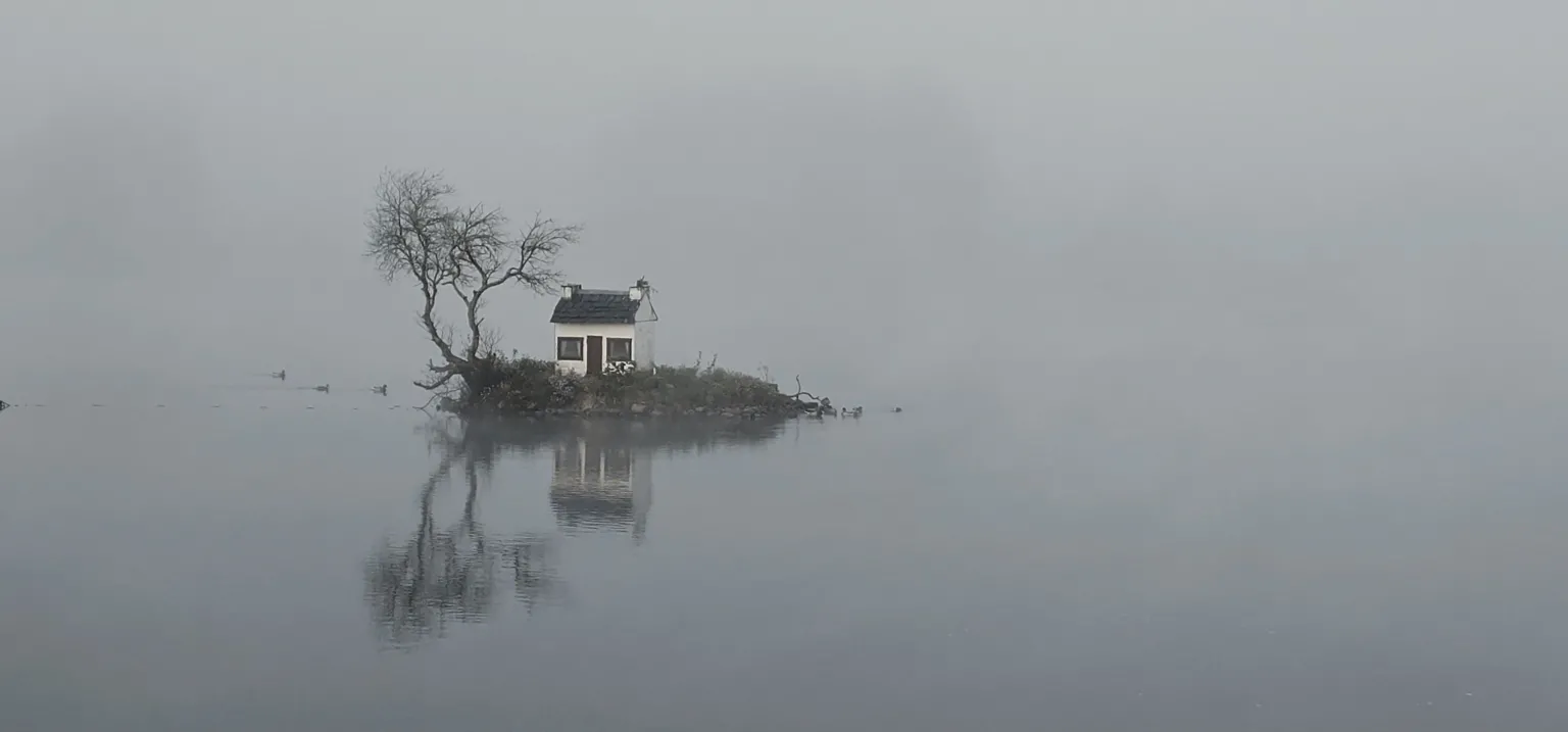 Victor Tregubov A small island sits in a mist-covered lake, holding a leafless tree and a tiny white hut. Both the tree and hut are reflected faintly in the still water.