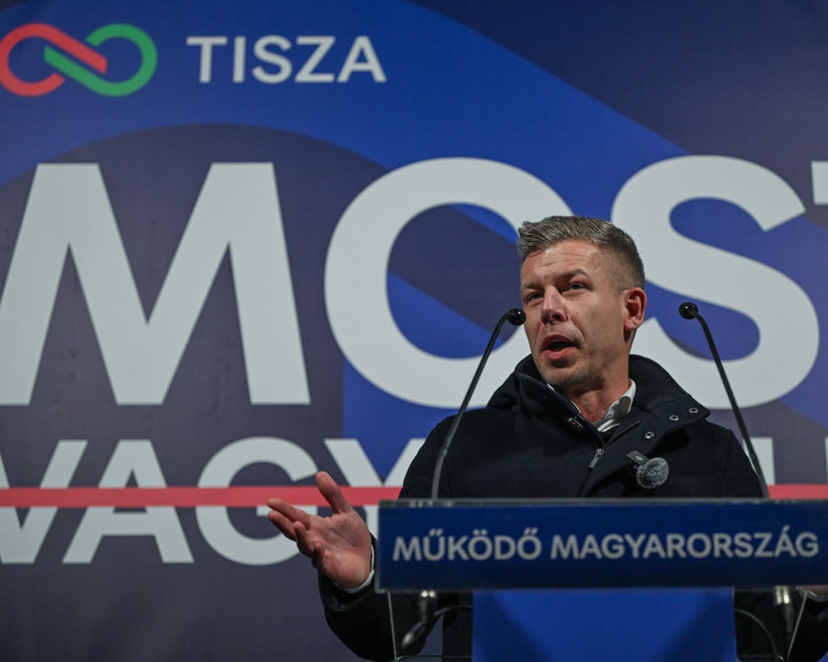 Hungarian opposition leader Péter Magyar, head of the TISZA (Respect and Freedom) party, delivers a speech at an election campaign rally.