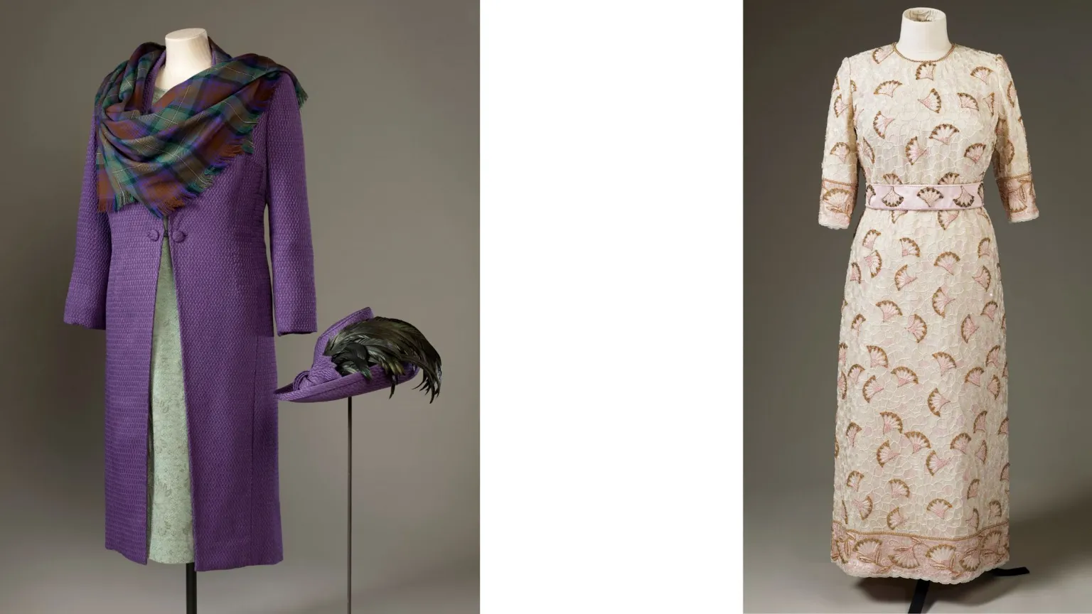 Royal Collection Enterprises Limited 2026/Royal Collection Trust/PA Wire Images of outfits worn by Queen Elizabeth II, onthe right a purple silk-wool coat, a green dress and a Isle of Skye tartan shawl and on the left a beaded silk evening gown.