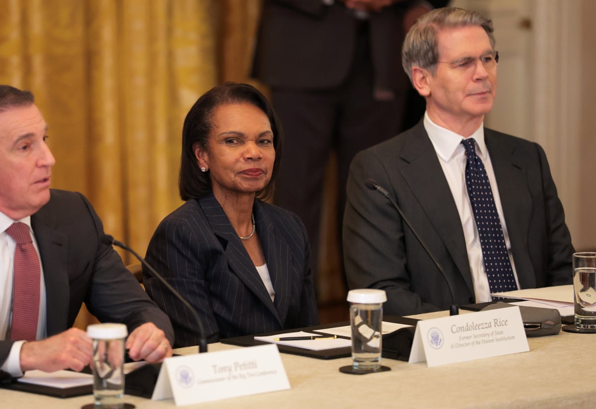 At the White House on Friday, Condoleezza Rice, a former national security adviser and secretary of state, sat beside Scott Bessent, the treasury secretary, at a roundtable discussion on college sports chaired by Donald Trump.