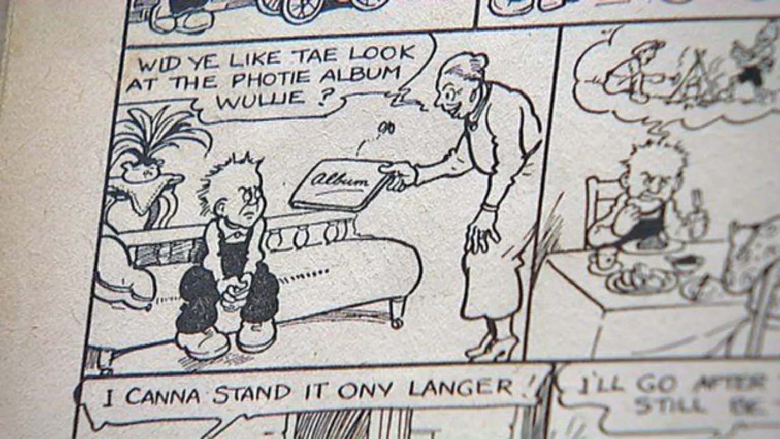 An Oor Wullie comic strip featuring drawings in black ink.