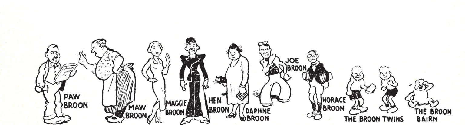 DC Thomson An original black and white drawing of The Broons. There are ten characters standing in a line with their names below the drawings. 