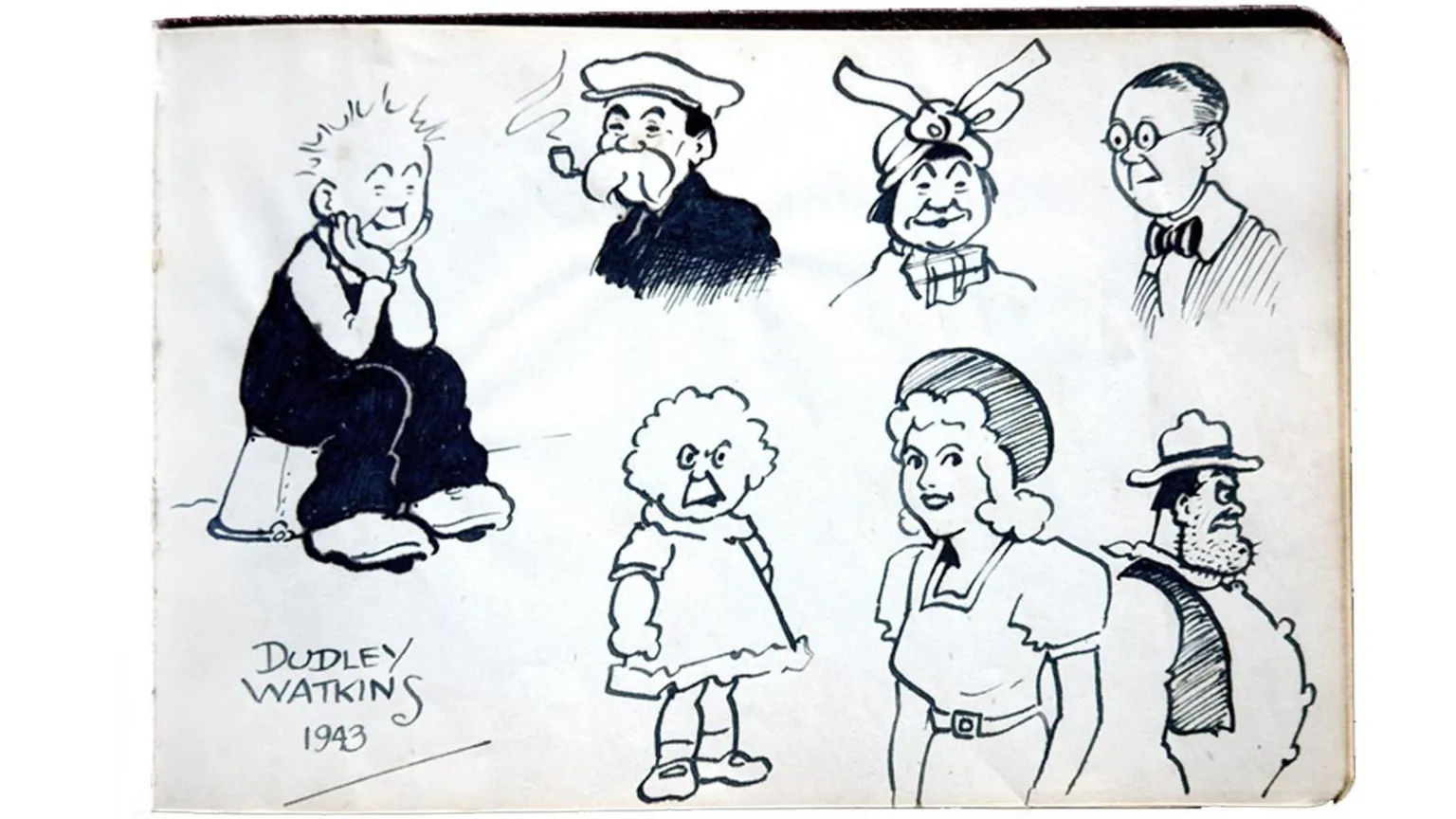 DC Thomson Watkins' sketchbook with seven black and white sketches. Oor Wullie sitting on a bucket is on the right above Watkins' signature.
