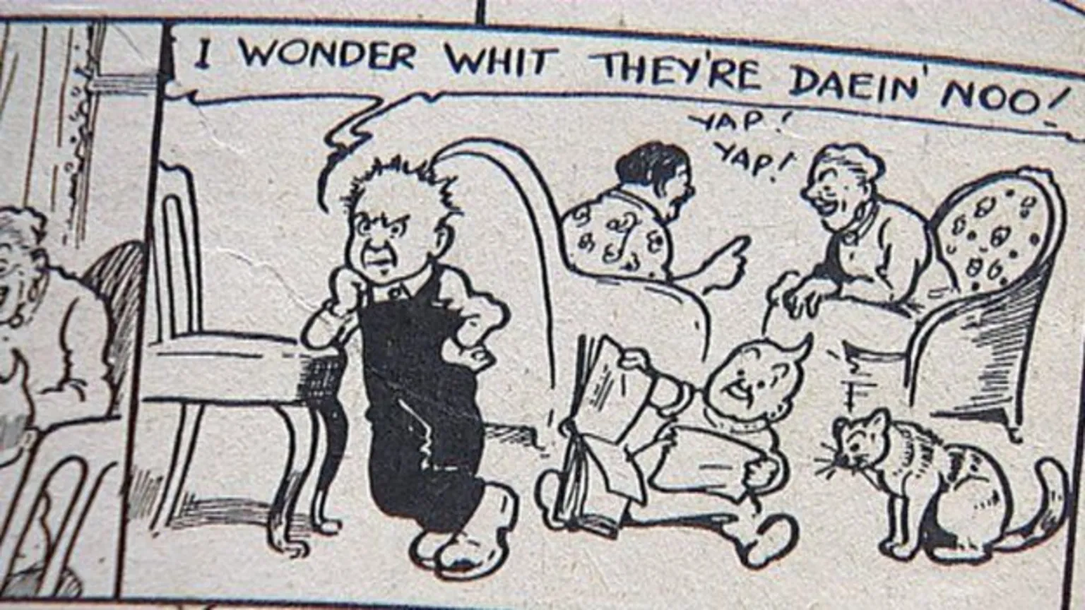 An Oor Wullie comic strip featuring drawings in black ink.