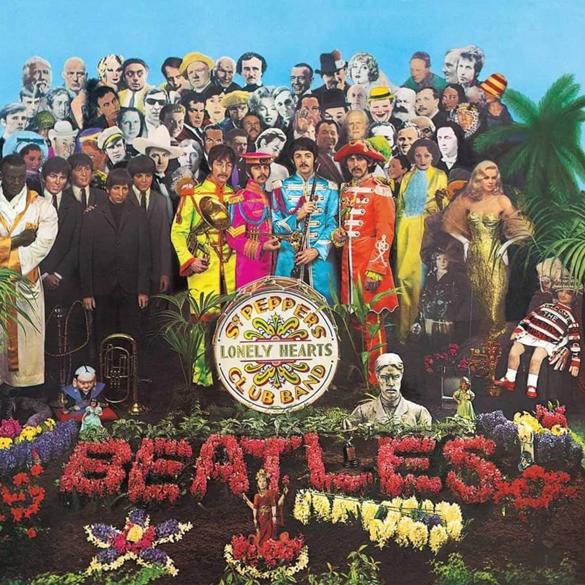 Album cover featuring the Beatles in colourful outfits, a host of characters behind and a floral Beatles written out in front