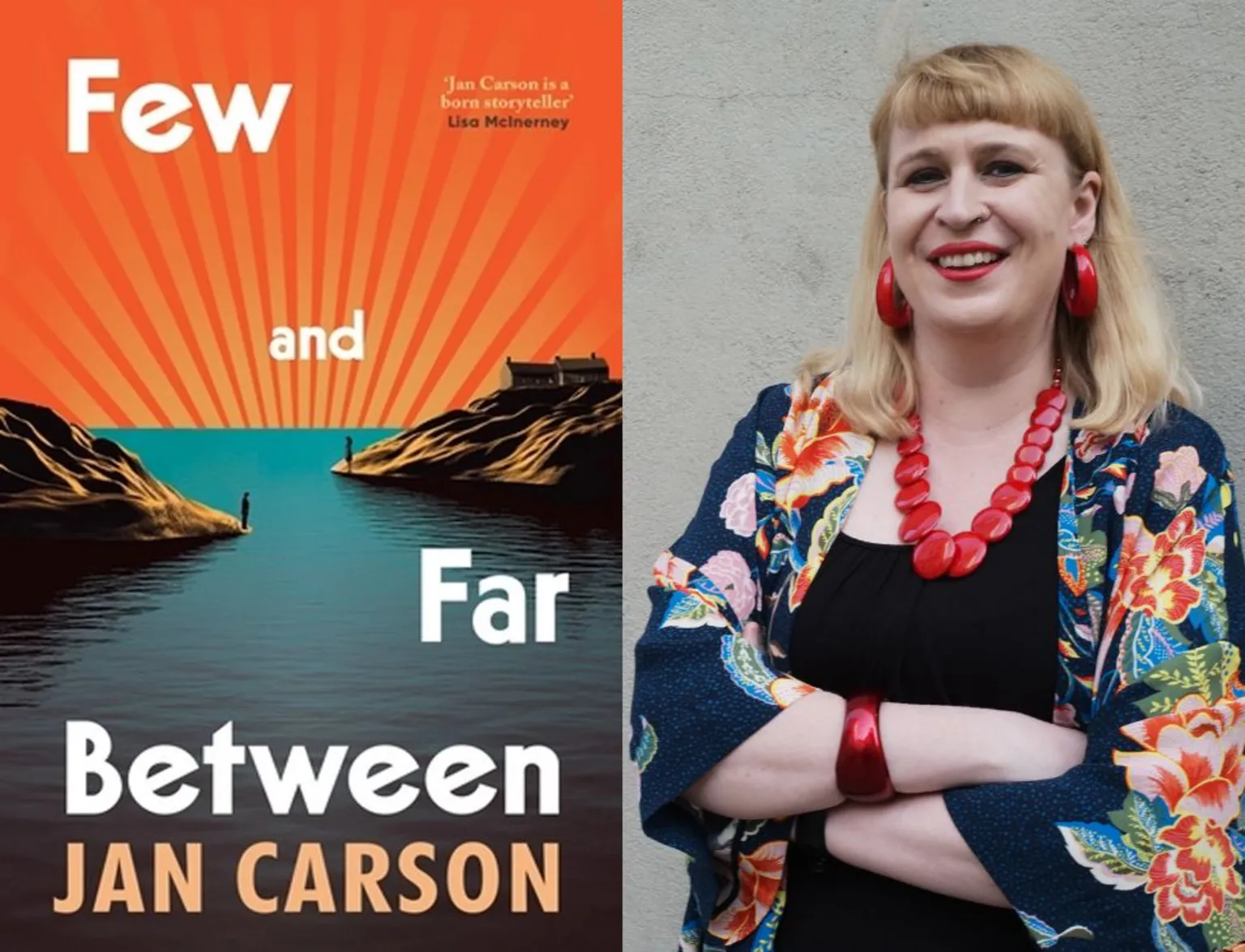 Doubledy / Few and Far Between book cover (orange sunset with a blue water ripple foreground) next to an image of Jan Carson who is a woman looking to camera in a colourful floral dress wearing a red necklace. She has shoulder length blonde hair.