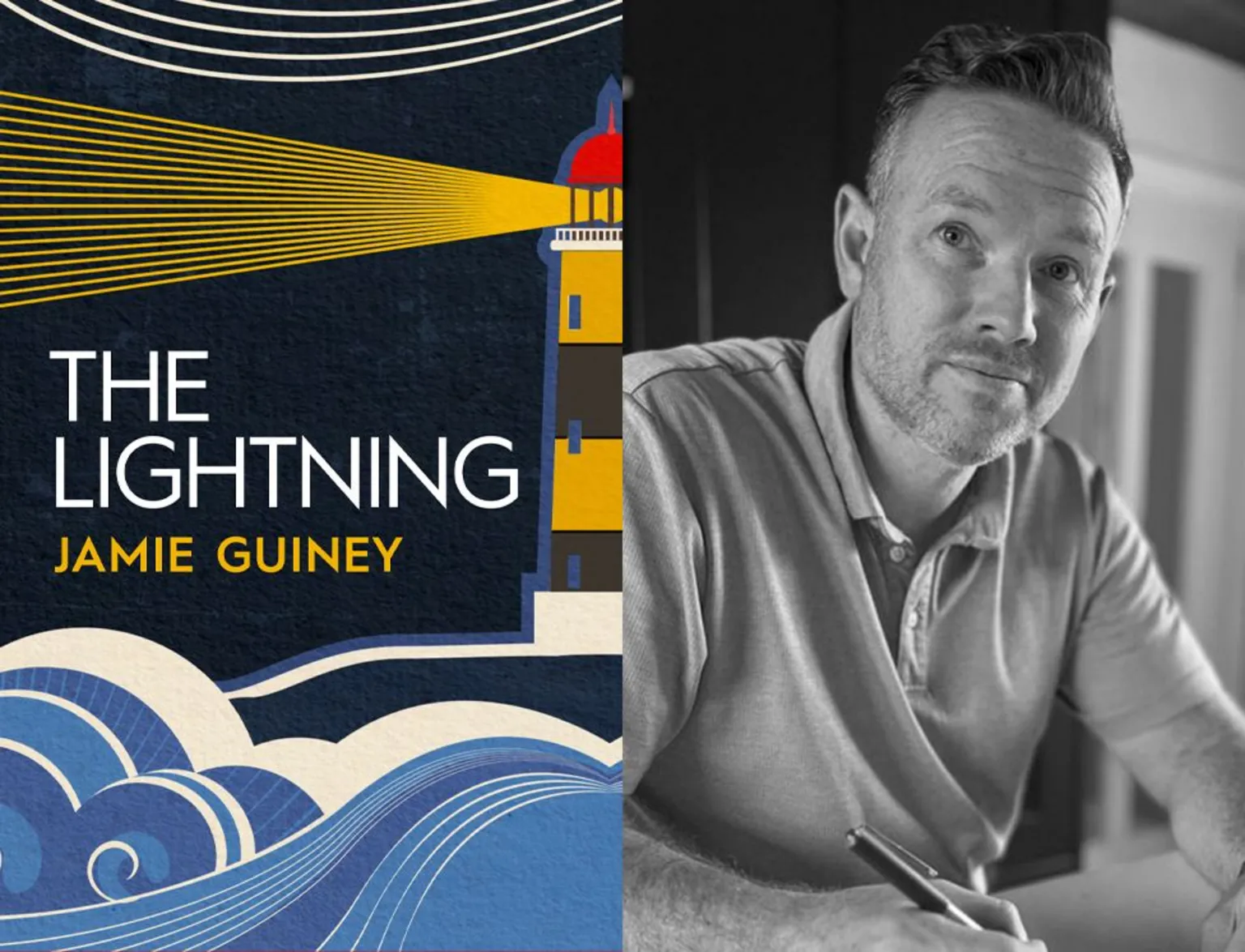 Bluemoose Books The Lightning book cover (a blue and yellow lighthouse shining to the left with blue and white waves in the foreground) next to an image of Jamie Guiney looking slightly off camera. He has short hair and wearing a light coloured t-shirt.