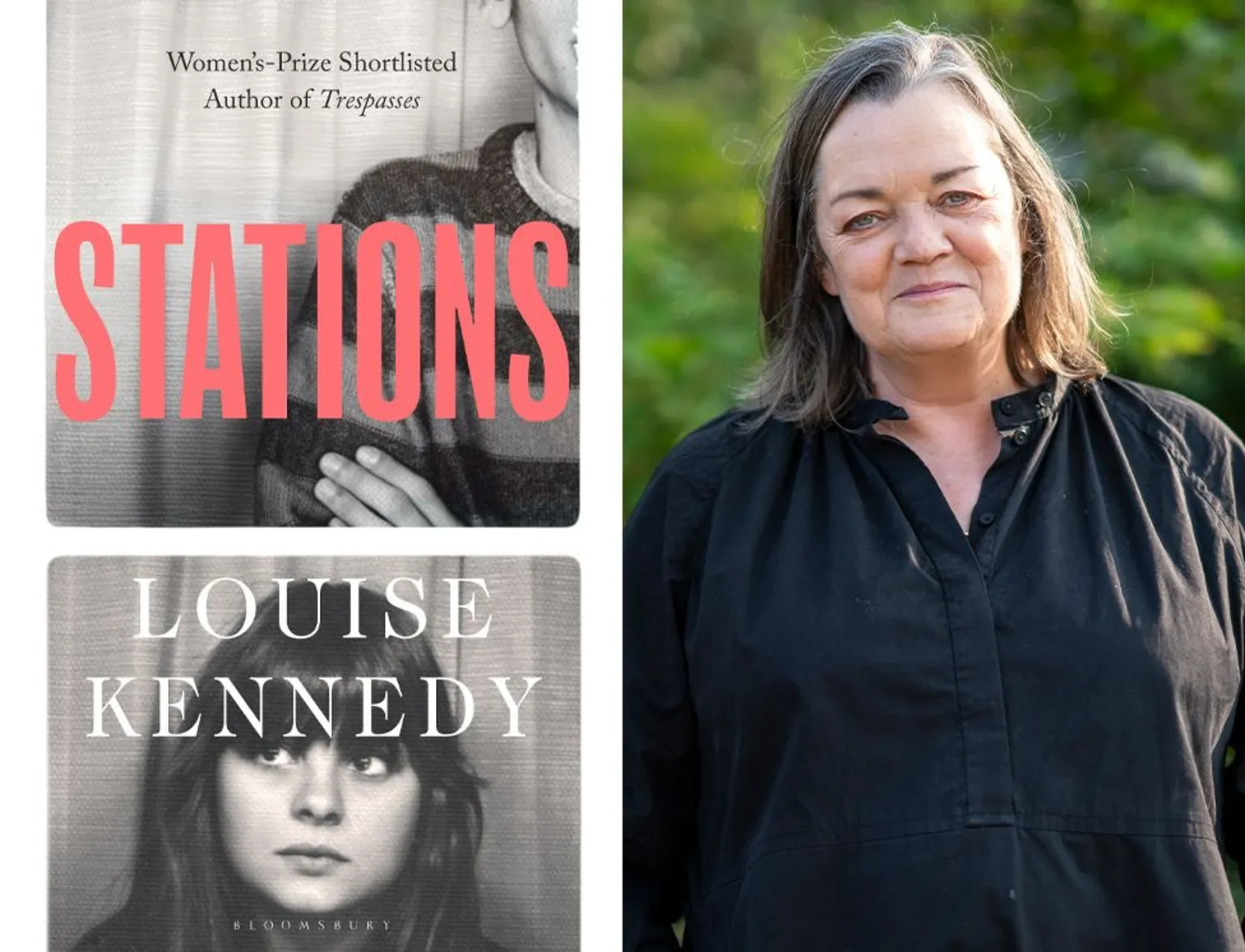 Bloomsbury / Getty Cover for Stations by Louise Kennedy, which shows two differently framed images of a woman at the top and bottom of the cover. The cover is beside a picture of Louise Kennedy, who has shoulder length brown hair wearing a beige jacket and a multi coloured scarf.