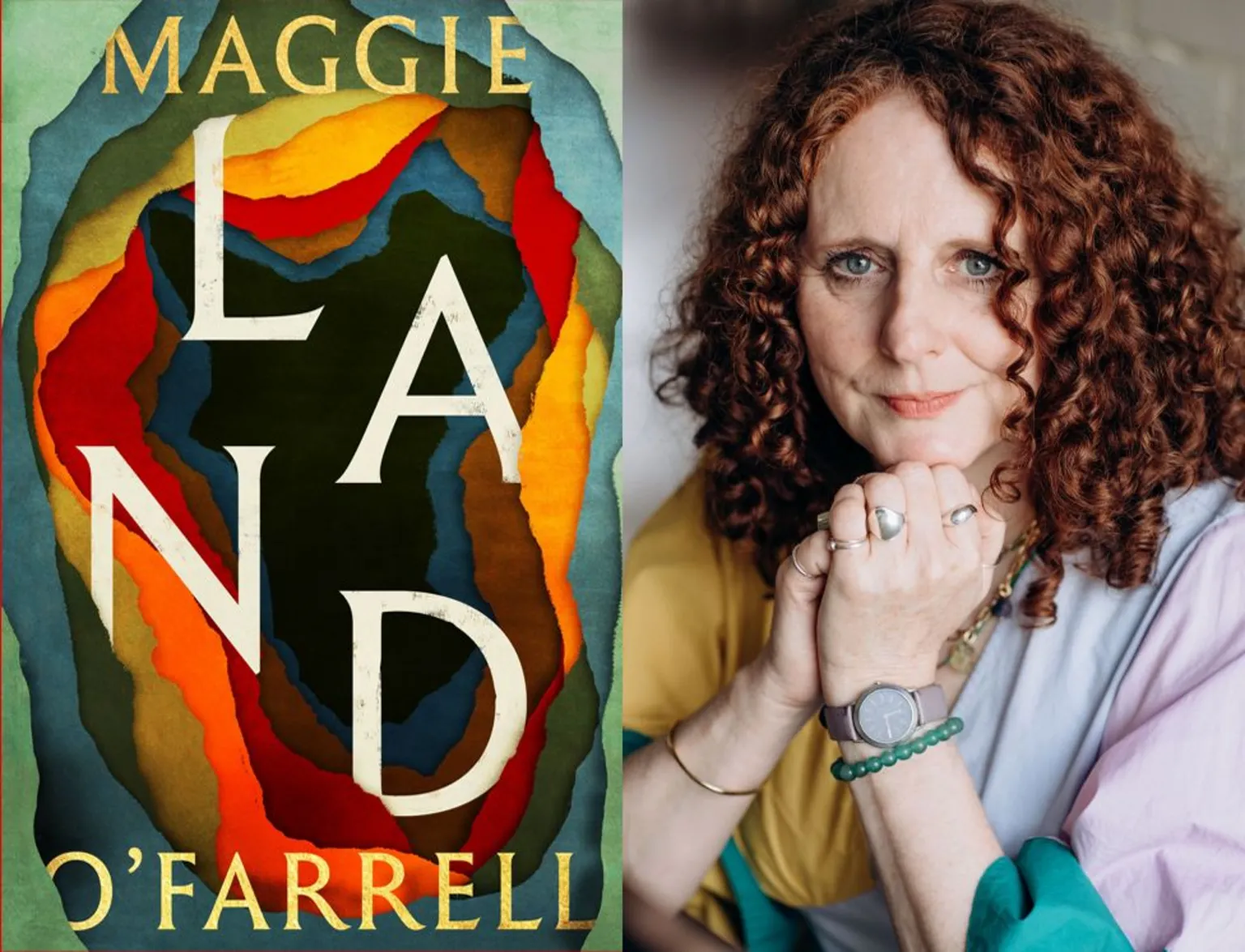 Tinder Press/Dasha Tenditna The cover of Maggie O'Farrell's Land, which features layers of earthy colours opening up into an abyss, alongside an image of the author. She has a multi-coloured jumper on and has auburn curly hair.