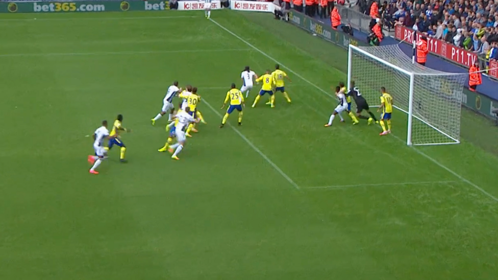 Screengrab showing Gareth McAuley's headed goal for Tony Pulis-managed West Brom in 2016/17. A West Brom player impedes the opposition goalkeeper's movement by pushing another player into him.