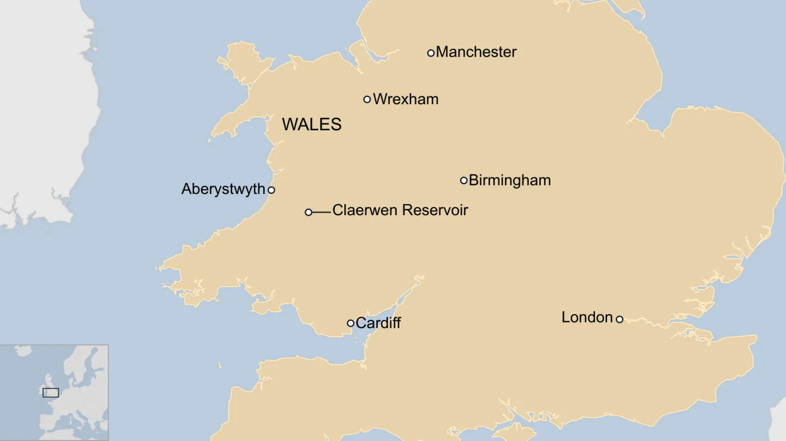A map of the UK showing where the Claerwen Reservoir is located in the middle of Wales, south-west of Aberystwyth.