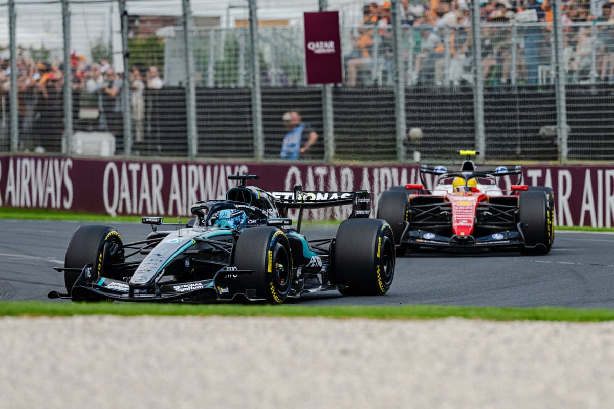 George Russell and Lewis Hamilton on lap 44 on Sunday.