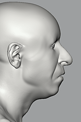 Ailgread 3D o wyneb mewn du a gwyn, o ddyn gyda phen moel 