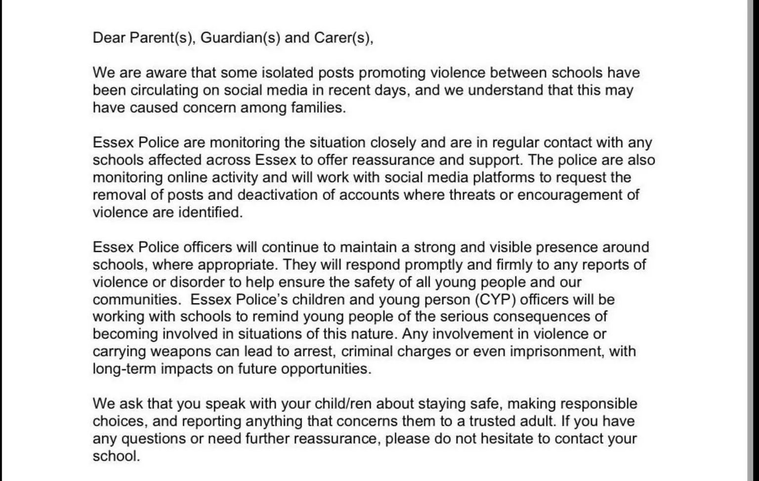 Essex Police Parents, carers and s were sent a letter outlining the situation. The image is a photo of that letter in black text on a white background
