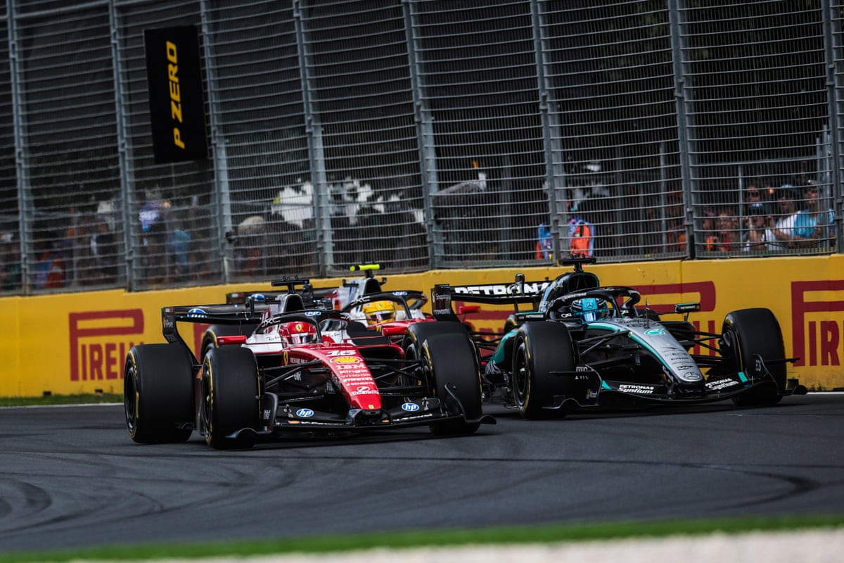 Charles Leclerc (left) takes on George Russell in the Australian Grand Prix.