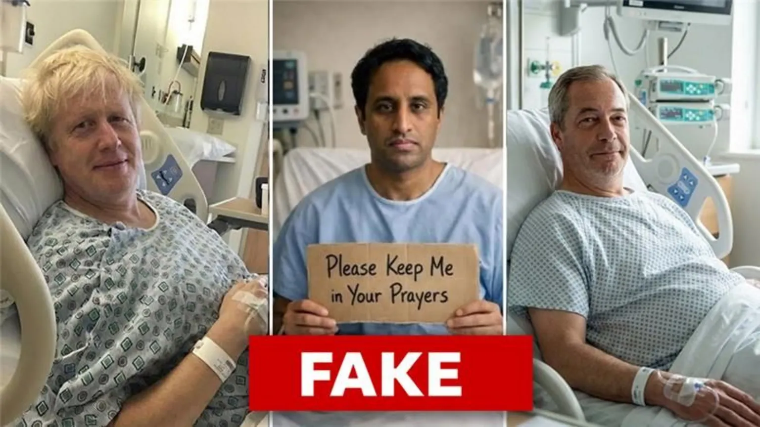 A composite of three images side by side. Each features a middle-aged man dressed in a hospital gown 