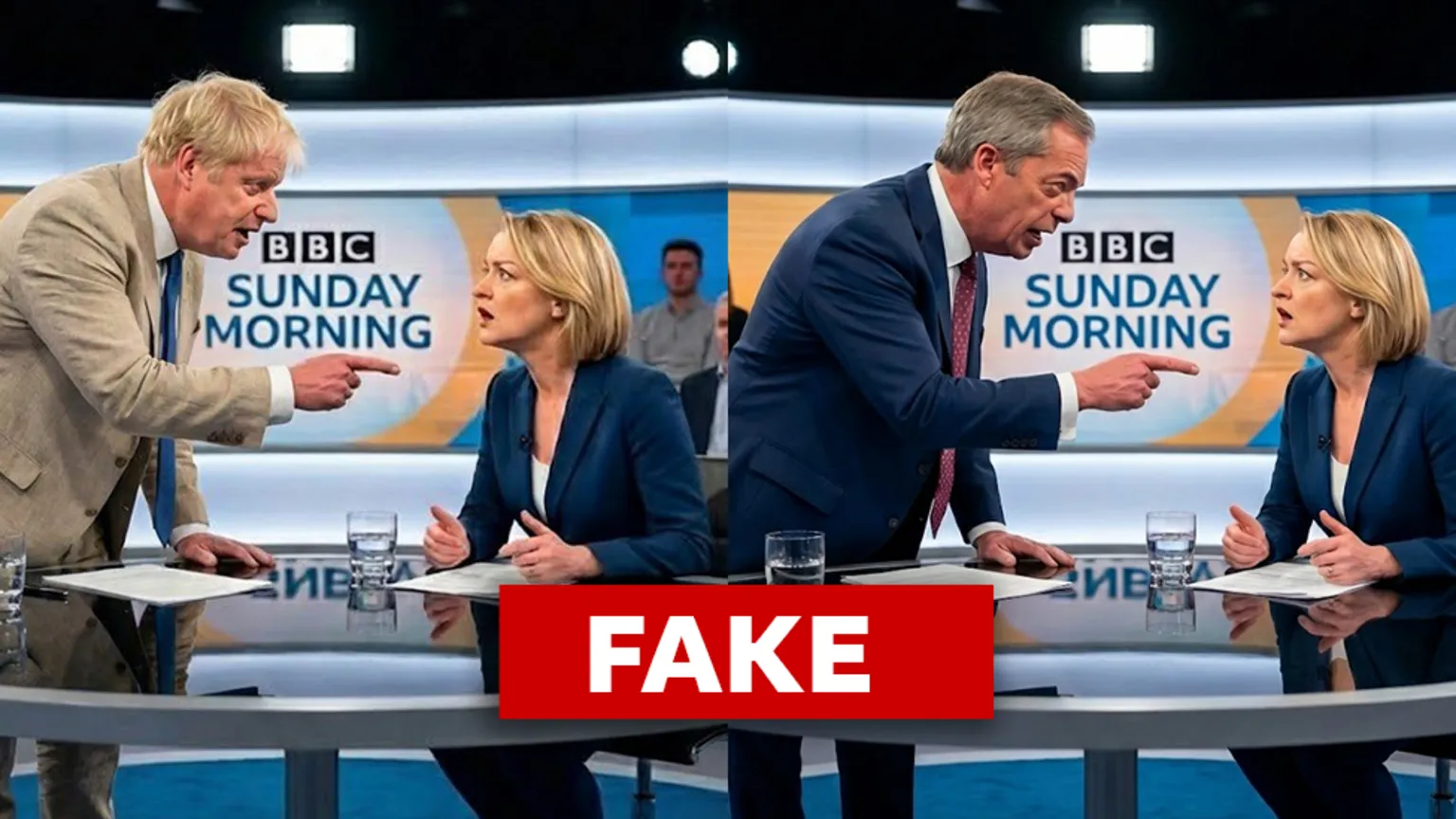 Two almost identical images of a woman in a TV studio. In each, a different man is standing over, pointing a finger at her in an aggressive way.