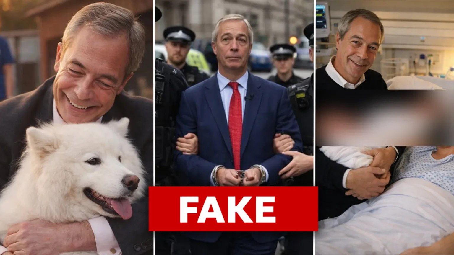 Three images side by side of the same grey middle-aged man. On the left he is holding a dog, in the middle he is in handcuffs being escorted by police, and on the right he is holding a bay, stood next to someone in a hospital bed.