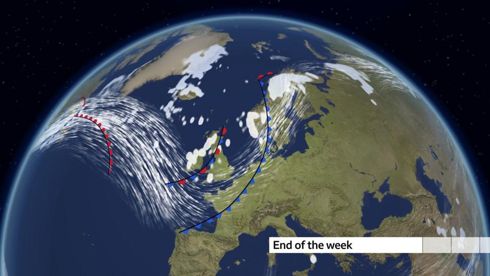 A weather map of Europe indicating a jet stream and weather fronts moving across the UK from the Atlantic