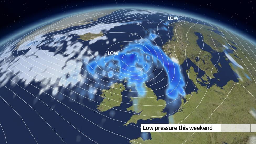 A weather map of the UK and north-west Europe indicating a low pressure system with isobars and spells of rain moving across the UK
