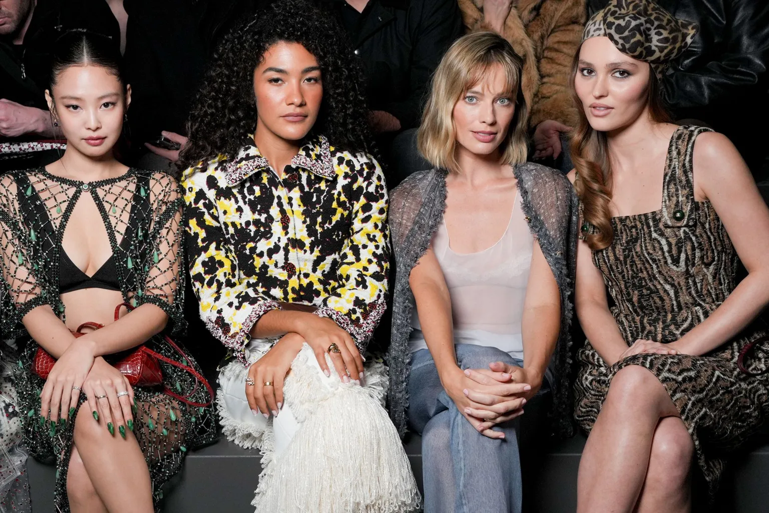 Swan Gallet/WWD via Jennie Kim, Olivia Dean, Margot Robbie and Lily-Rose Depp at the Chanel fashion show as part of Paris Fashion Week Fall 2026 held at Grand Palais on March 09, 2026 in Paris, France. 