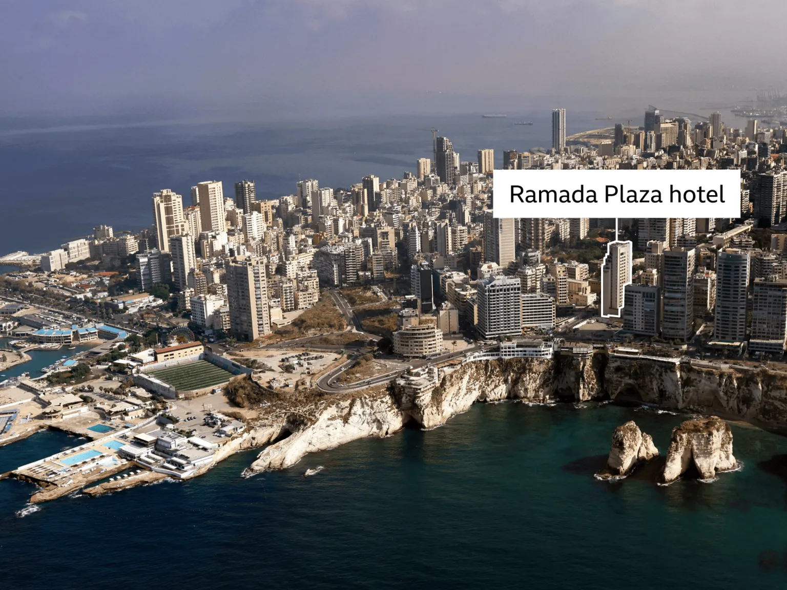 AFP via General view of the Mediterranean coastline in central Beirut, with the Ramada Plaza highlighted