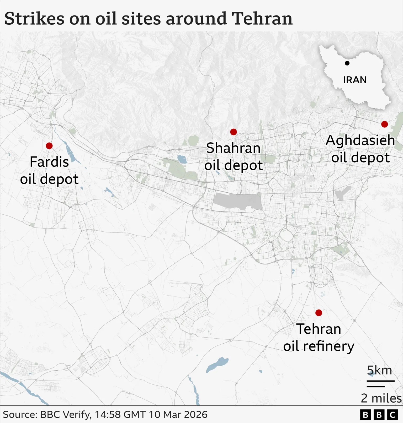 A graphic showing the locations of the four oil facilities hit by strikes. Fardis oil depot, Shahran oil depot and Aghdasieh in the north and Tehran oil refinery in the south. 