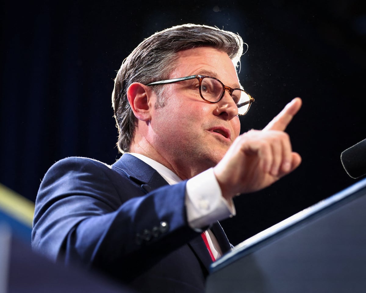 Mike Johnson speaks before Donald Trump delivers remarks to members of the Republican Party in Miami, Florida, 9 March 2026.