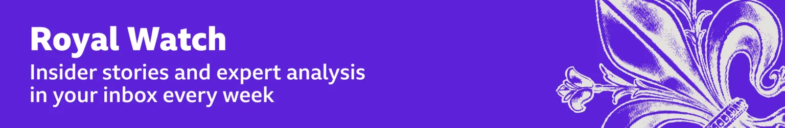 Thin, purple banner promoting the Royal Watch newsletter with text saying, “Insider stories and expert analysis in your inbox every week”. There is also a graphic of a fleur-de-lis in white. 