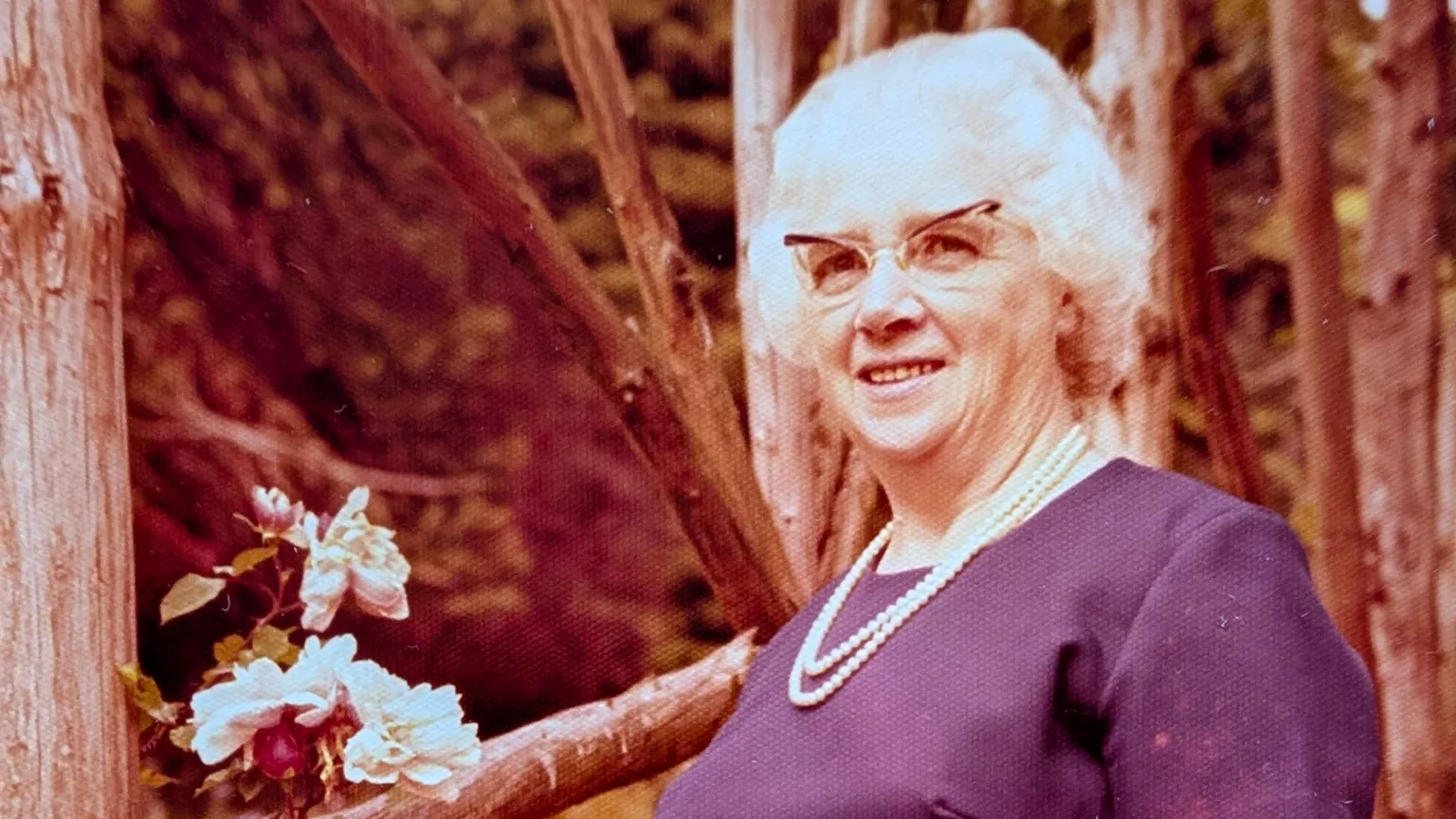 Clark family Annie Clark is an elderly lady with white hair, glasses and a purple dress. She had a pearl necklace. She is in the country somewhere in front of trees in what is a very old colour photo.