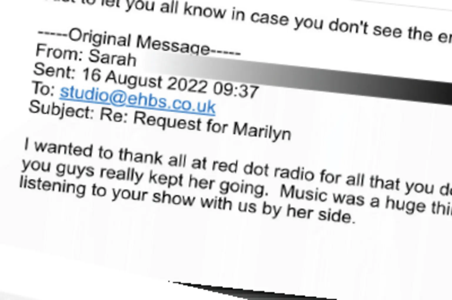 Red Dot Radio A screenshot of an email thanking the hospital radio team with a name scored out for privacy 