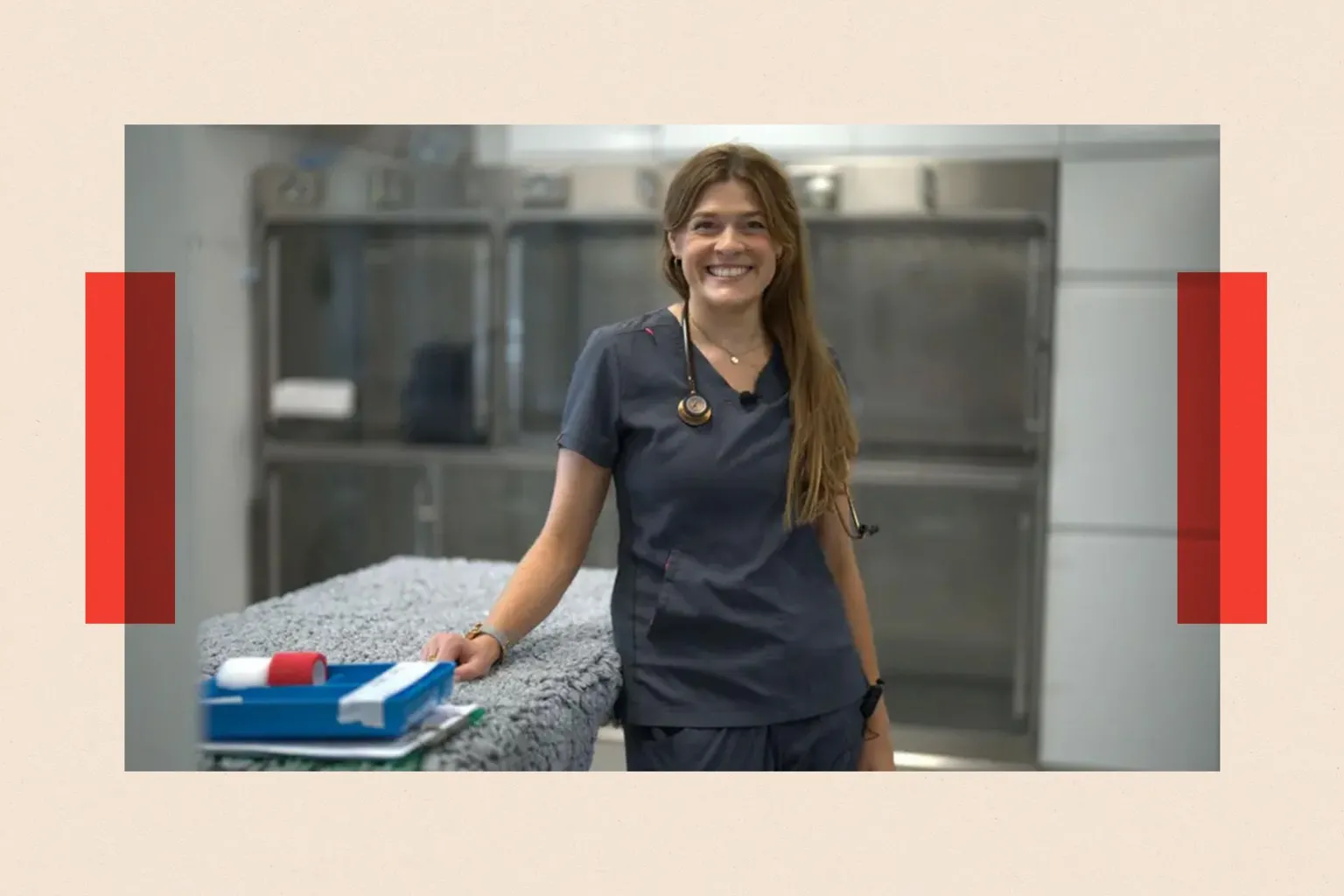 Francesca Verney, wearing medical scrubs, standing next to an operating table