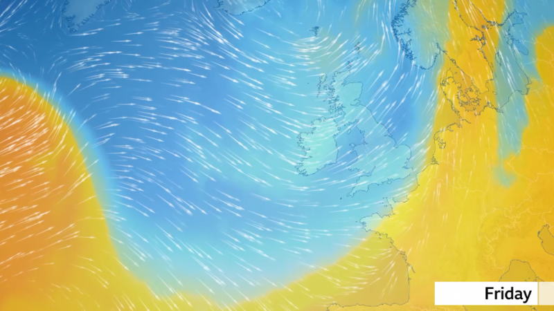 Weather graphic showing a large area of blue and therefore colder air being dragged from the North Atlantic into the UK