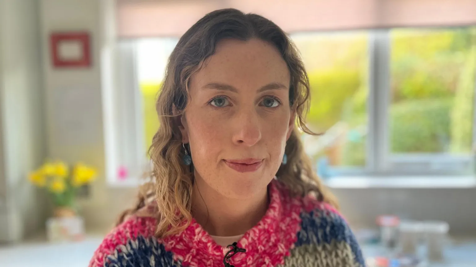 A woman with long brown, curly hair looks to the camera. She wears blue earings and a pink, blue and green striped jumper. Behind her is a out of focus kitchen sink, with a window above it. A green hedge can be seen outside.