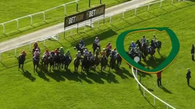 Screen grab of the start of a race at Cheltenham Fesitval day two