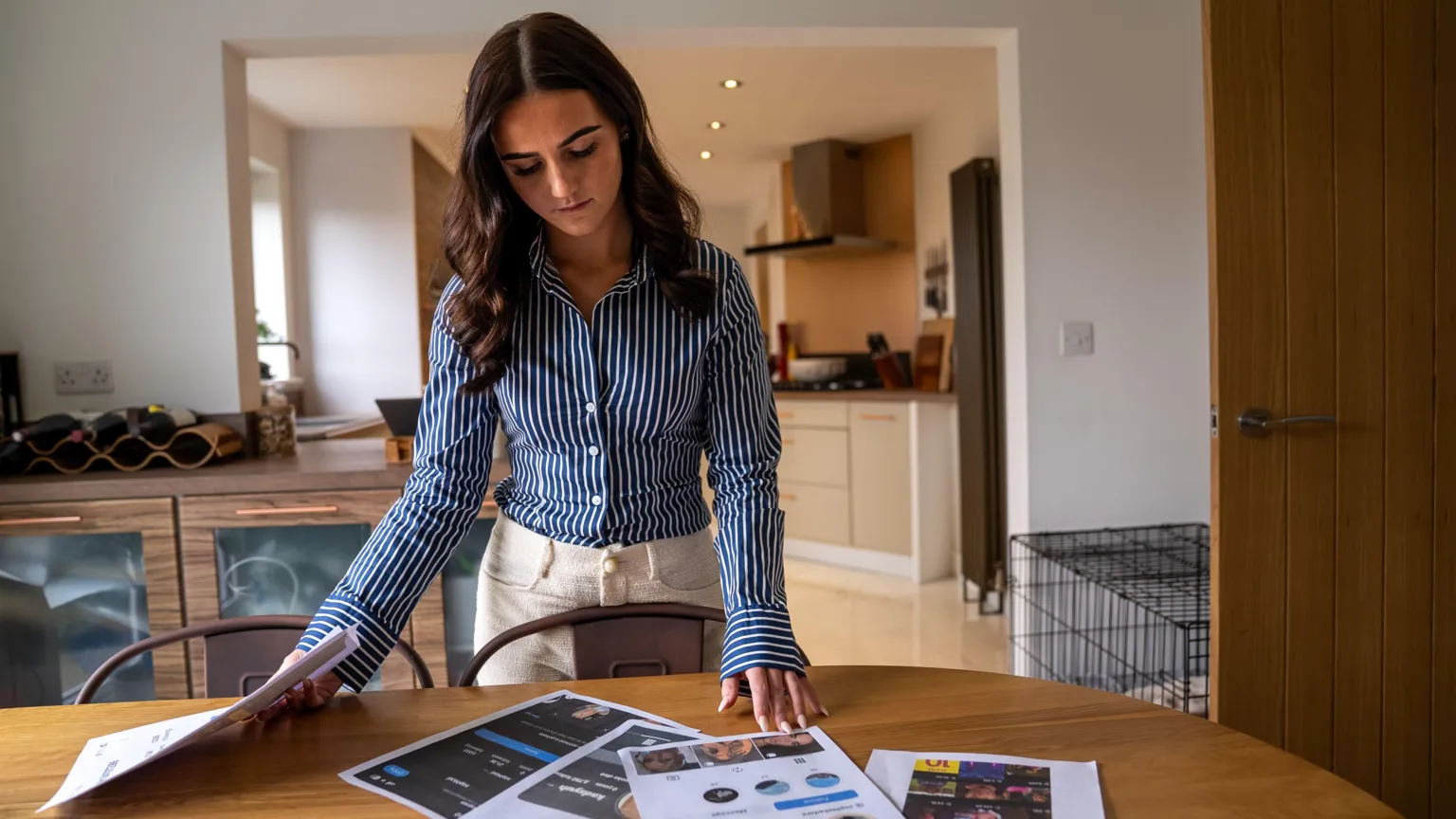 Sasha-Jay looking at the multiple A4 print outs of the fake accounts which are layed on her kitchen table. Her right hand is holding onto a pile of the images, while her left hand is touching one of the images on the table. 