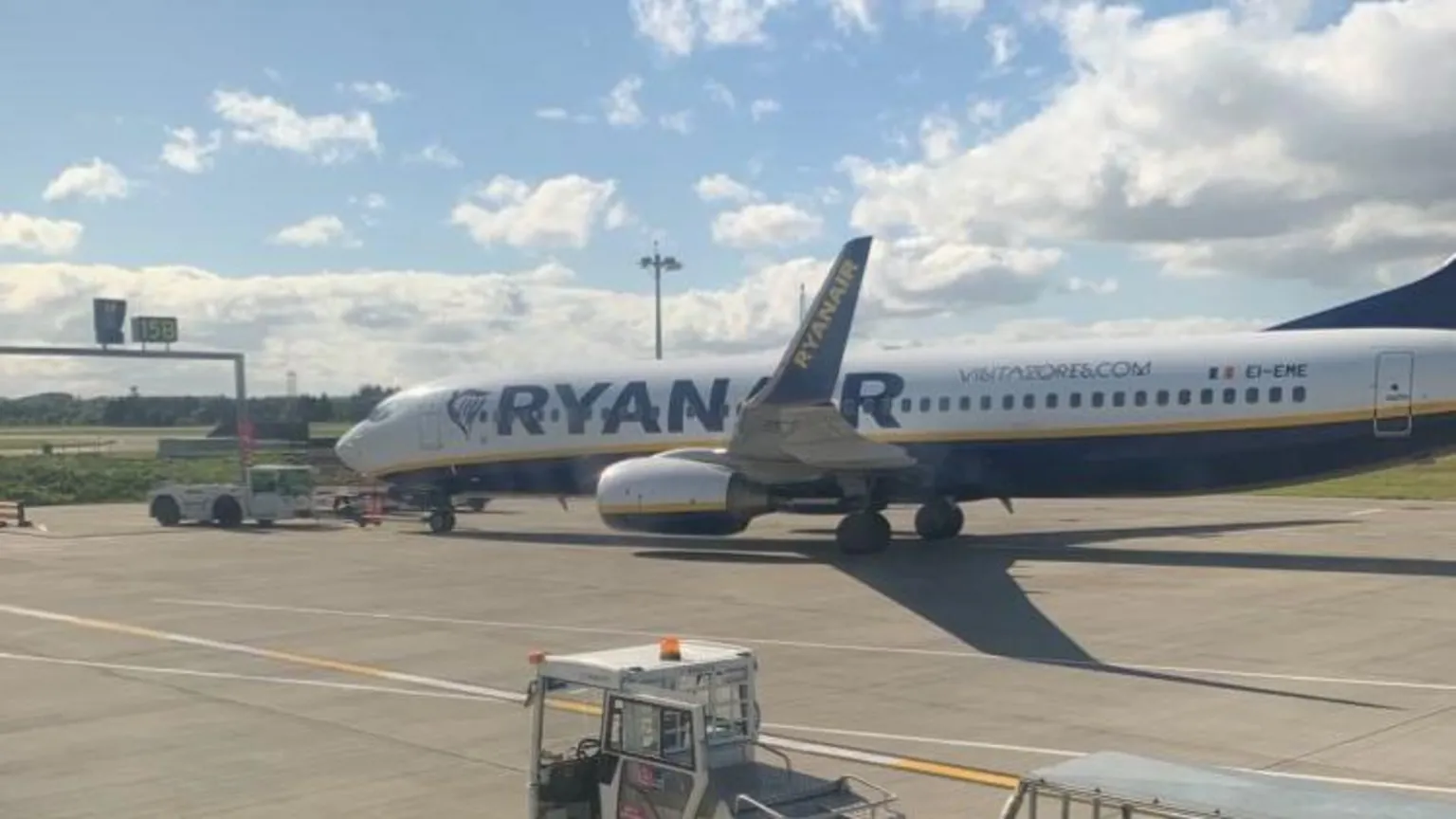 A Ryanair plane on the tarmac at Edinburgh Airport.